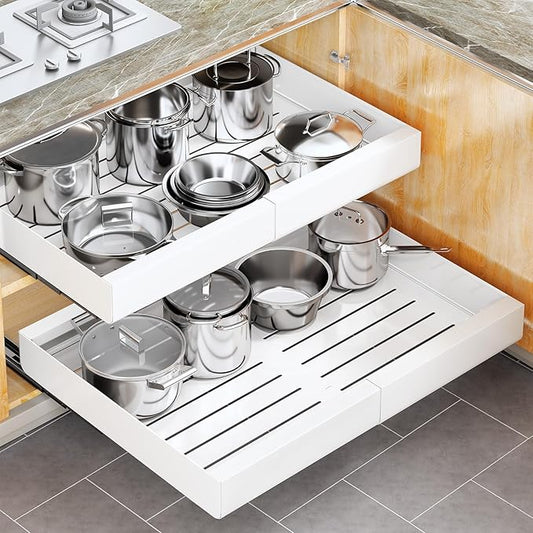 Pull out Cabinet Organizer, Wider Expandable(14"-24") Heavy Duty Slide out Drawers Fixed with Adhesive Nano Film for Pots, Roll out Shelf Storage for Kitchen Cabinet Organization(White-1pc)(3 Rails)