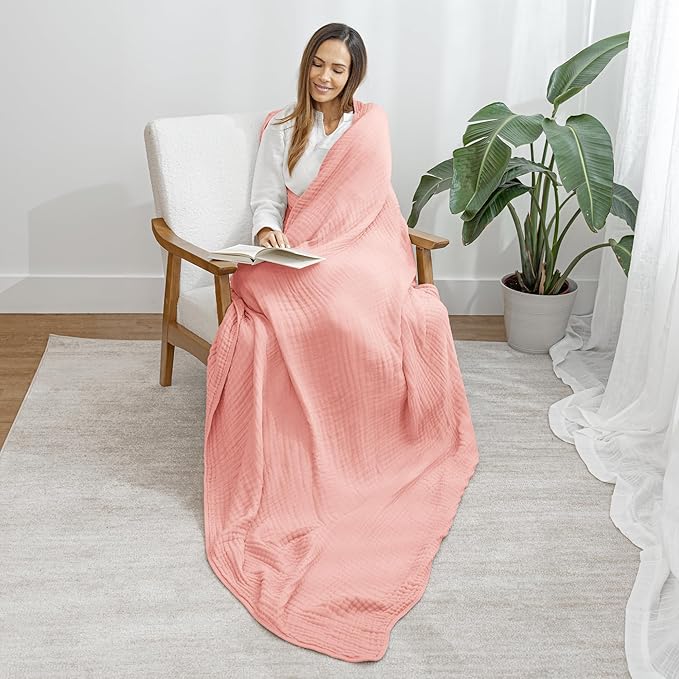 Comfy Cubs Muslin Blanket for Adults Twin 90" x 66" - 6 Layer Soft, Breathable & Lightweight Muslin Adult Blanket - Machine Washable & Designed in The US Bedding for All Seasons - Bold Blush