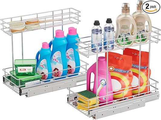 Under Sink Organizer 2 Packs, Pull Out Cabinet Organizer 2 Tier, Under Sink Slide Out Organizer Chrome Plated, Under Kitchen Bathroom Sink Organizer, Pantry Cabinet Closet Organization Rack, 9"W X19"D