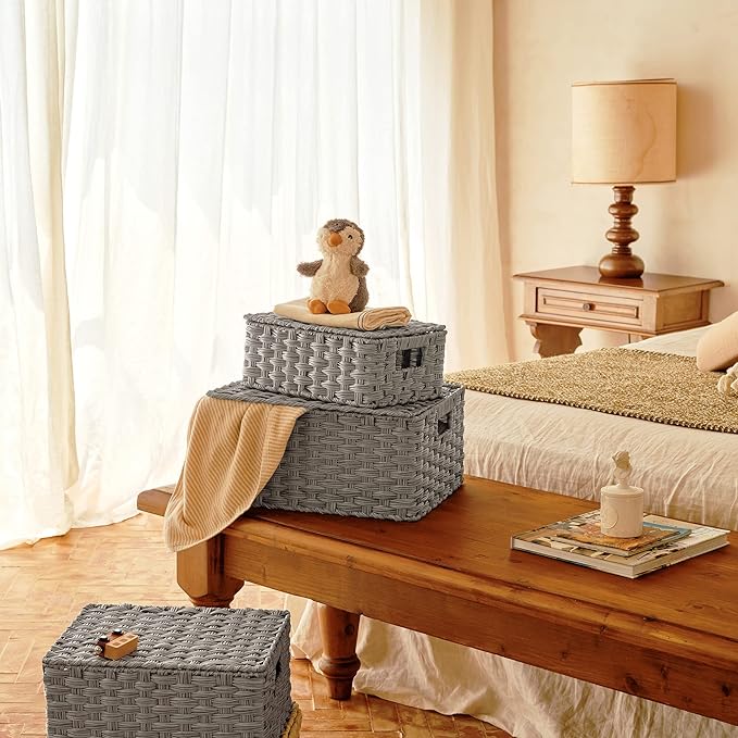 GRANNY SAYS Wicker Storage Baskets, Decorative Boxes with Lids, Set of 3 Nesting Wicker Baskets for Organizing, Gray, 3-Pack
