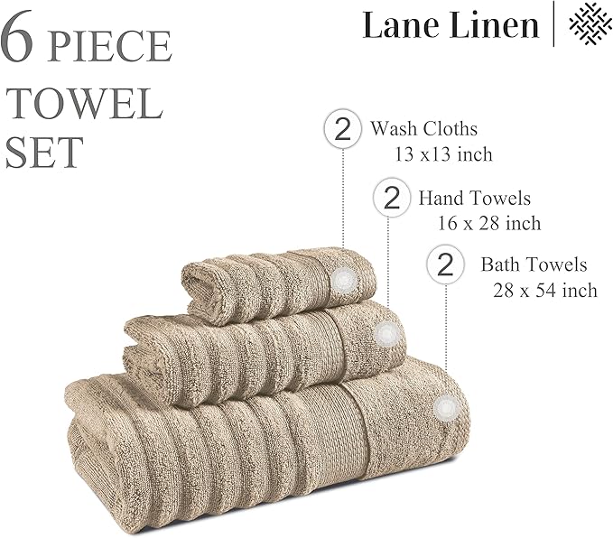 LANE LINEN Bathroom Towel Set 6 Piece - 100% Zero Twist Cotton - Super Soft & Highly Absorbent - 2 Bath, 2 Washcloths, 2 Hand Towels for Bathroom - Fade Resistant, Durable with a Luxury Look - Taupe