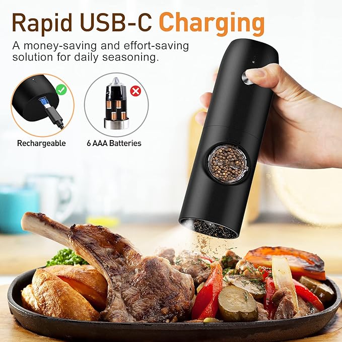 Electric Salt and Pepper Grinder Set, Rechargeable Automatic Pepper Mill Grinder with LED Light, Adjustable Coarseness shakers, One-Hand Operation for Kitchen Appliances(2 Pack Black)