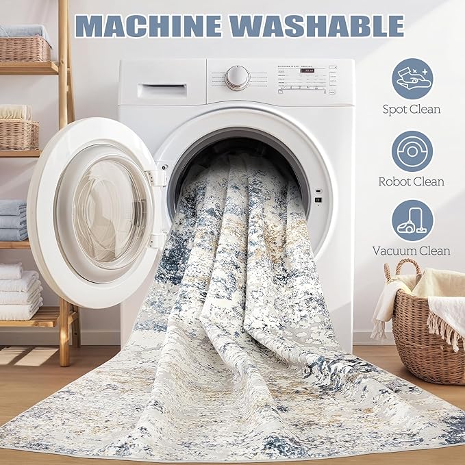 2x3 Entryway Area Rug: Washable Neutral Modern Abstract Small Rug - Non-Slip Low Pile Throw Indoor Carpet for Entrance Kitchen Front Door Mat Bathroom Entry Kids Room - Beige Blue