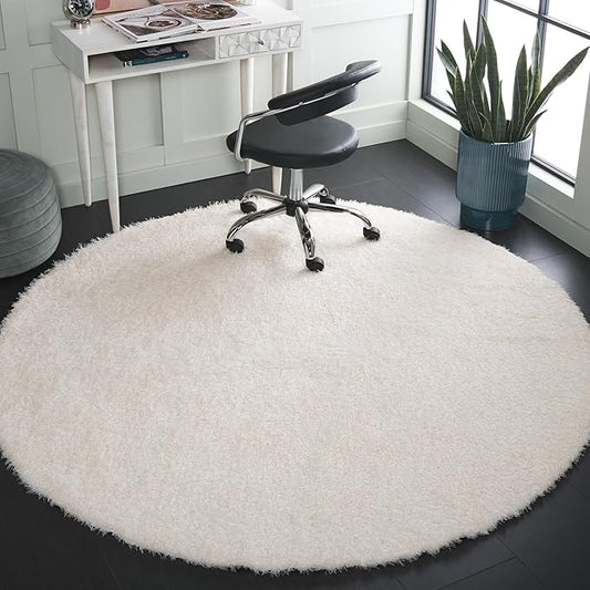 SAFAVIEH Lindsay Shag Collection Area Rug - 6'7" Round, Ivory, Geometric Design, Ideal for High Traffic Areas in Living Room, Bedroom, Dining (LNS560A)