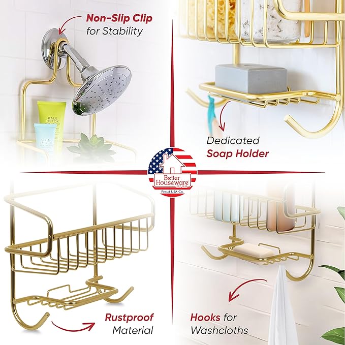 Better Houseware Shower Caddy - Shower Organizer Shelves with Hooks, Rustproof Shower Storage Rack for Shampoo, Conditioner, Soap, Bath Sponge - Gold (Caddy + Soap Holder)