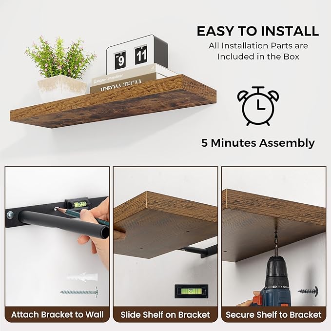 Dreamland 36 Inches Floating Shelves for Wall,8 Inch Deep Floating Shelves Set of 2, Large Display & Storage Shelf, Wall Shelf for Bathroom Bedroom Living Room Kitchen Office,Rustic Brown