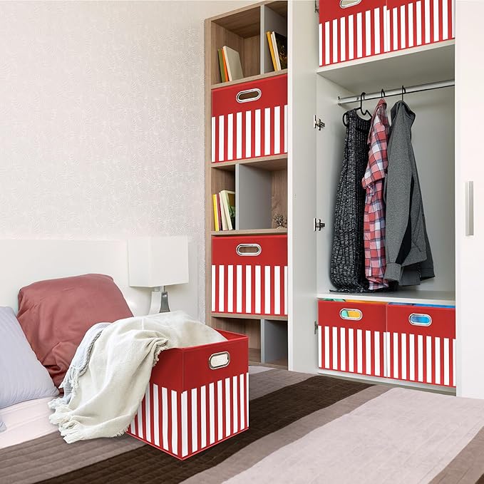 SIMPLE HOUSEWARE 13-Inch Collapsible Fabric Cube Storage Bin with Handles, Printed Design, 3 Pack, Red