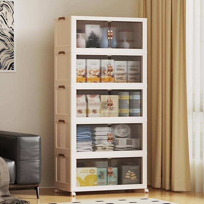 SAILUN 635Qt Extra Large Stackable Storage Bins Folding Collapsible Storage Bins with Lid, Closet Organizers and Storage Box with Door Beige 28" W x 17" D x 75" H