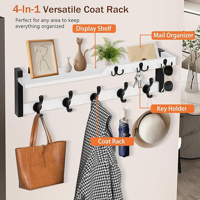 4 in 1 Coat Rack Wall Mount with Shelf, Coat Hooks 25.2" Entryway Coat Hanger with Key Hooks and Mail Holder, Wall Hooks with Shelf, Hat Rack for Wall Key Holder Mail Organizer