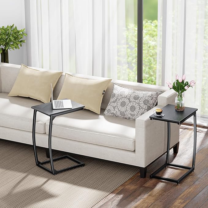 C Shaped End Table Set of 2,Side Table for Couch,Curved Support Legs, Slide Under Couch Table for Sofa, TV Tray Table for Living Room Bedroom(Black)