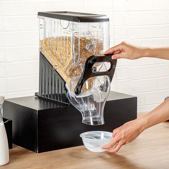 Restaurantware Cereal Dispenser 2 gal Plastic Gravity Bin Candy Dispenser Self-Serve Black Dry Food with Stand for Breakfast Buffet or Hotel Use