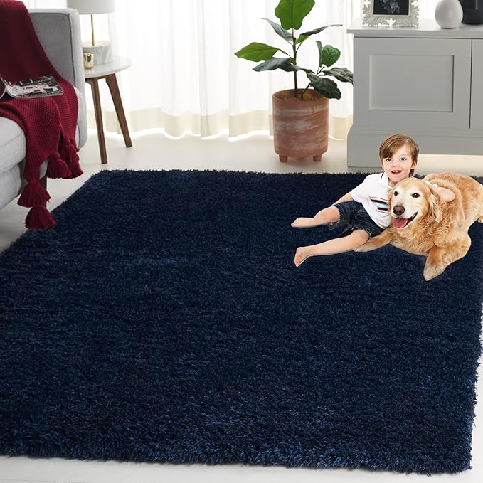 SAFAVIEH Lindsay Shag Collection Area Rug - 9' x 12', Navy, Contemporary Design, Ideal for High Traffic Areas in Living Room, Bedroom & Dining Room (LNS560N-9)