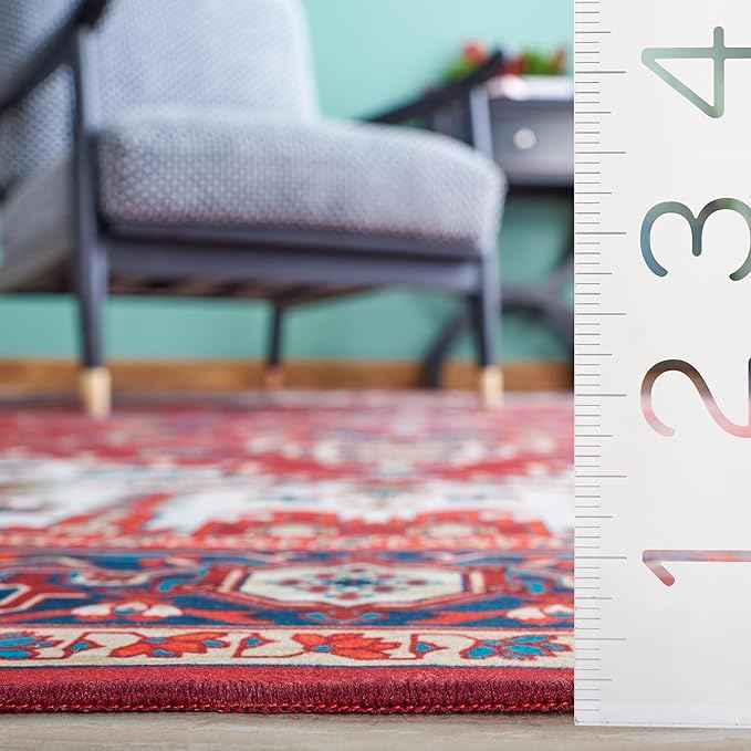 SAFAVIEH Washable Rug Tucson Collection - 2'6' x 10' Runner, Red & Blue, Slip Resistant & Easy to Clean, Ideal for Living Room, Bedroom, Dining Space (TSN101Q)