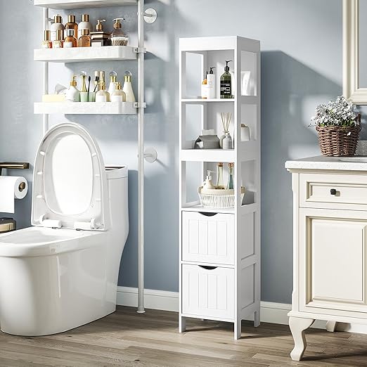 HOMCOM Narrow Bathroom Storage Cabinet, Bathroom Floor Cabinet with 2 Drawers & 3 Open Shelves, Freestanding Slim Storage Organizer for Small Spaces, White