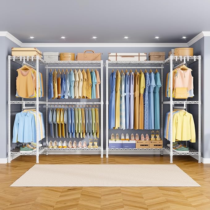 E15 Plus Garment Rack L Shaped Clothes Rack for Corner，Freestanding Clothing Racks for Hanging Clothes，Heavy Duty Closet System with 4 Hanging Rods & 8 S Hooks，48.5" W x 35" D x 78.4" H，White