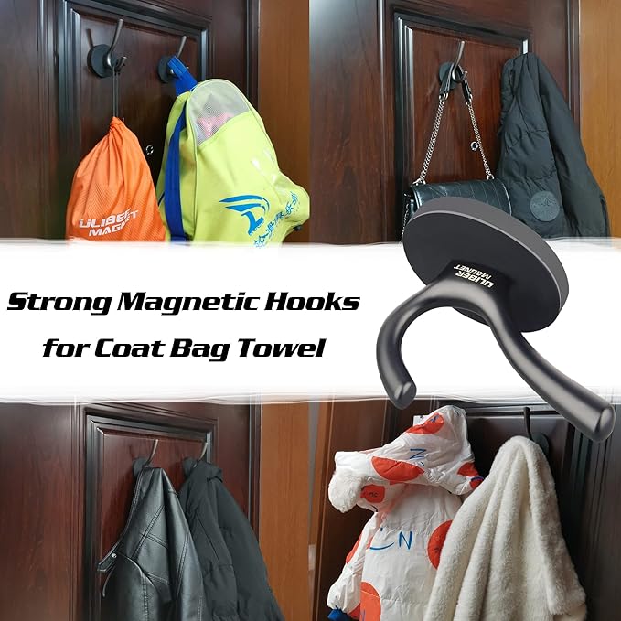 ULIBERMAGNET Strong Magnetic Double Hooks, 2 Pack Heavy Duty Sturdy Coat Magnetic Hooks, Rubber Magnets Large Hooks for Coat Robe Towel Key Hat (Black)