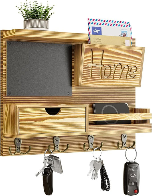 Farmhouse Key Holder for Wall with Mail Organizer - Easy Installation Wall Mount Organizer, Includes Chalkboard, Drawer, Wallet Holder & 4 Double Hooks, Ideal for Entryway, Quick Access - Light Brown