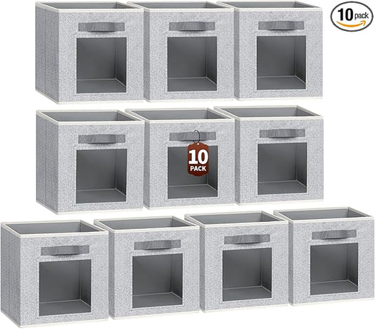 Foldable Storage Cubes - Cubby Storage Organizer with Window, Decorative Baskets for Organizing, 11 Inch Fabric Cube Shelf Bins, Set of 10, Light Gray