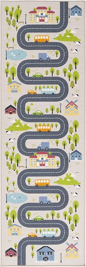 SAFAVIEH Washable Rug Kids Playhouse Collection - 2'2" x 8' Runner, Beige & Green, Slip Resistant & Easy to Clean, Ideal for Kids Room, Playroom, Nursery, Boys & Girls Room (KPH227A)