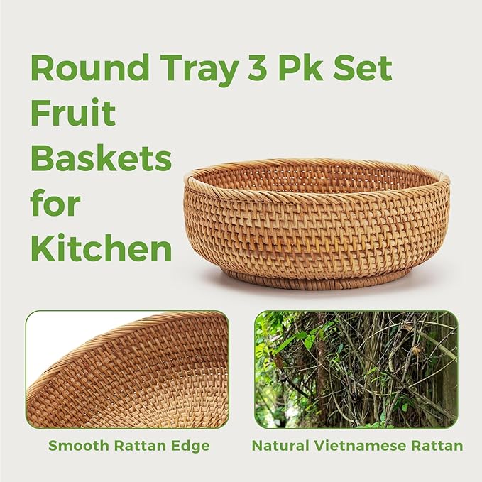 Rattan Bread Baskets for Serving - Woven Round Wicker 3 PK