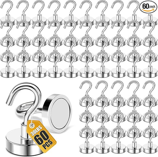 DIYMAG Magnetic Hooks, 30lbs+ Magnet Hook 2025 Cruise Cabin Ship Essentials Heavy Duty Strong Magnets Refrigerator Fridge Hanging for Classroom Beach Vacation Kitchen Grills Home 60 Pack