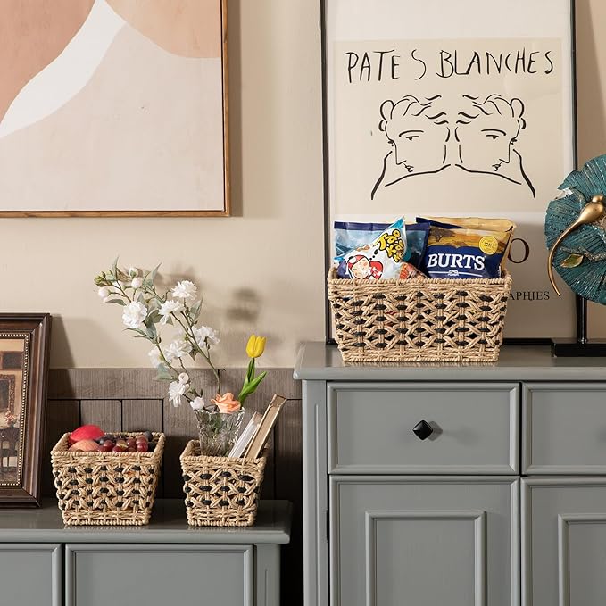 OIAHOMY Wicker Storage Baskets, Paper Rope Shelf Bins, Decortive Baskets for Organizing, Set of 3-Yellow & Black