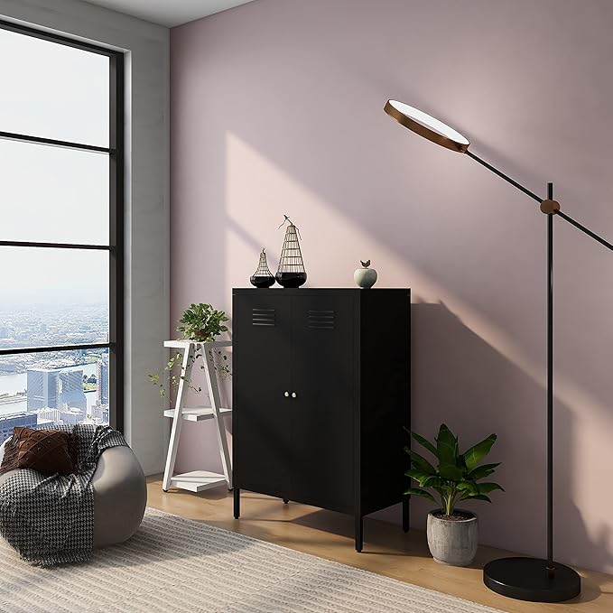 Black Metal Locker Storage Accent Cabinets with 2 Adjustable Shelves, 3 Tier Metal Storage Cabinet with Legs, Steel Cupboard Lockers for Kids Bedroom, Home, Office, Entryway, Kitchen