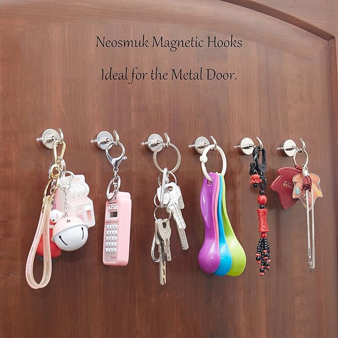 Neosmuk Magnetic Hooks, Heavy Duty Earth Magnets with Hook for Refrigerator, Extra Strong Cruise Hook for Hanging, Magnetic Hanger for Cabins, Grill (Silver White, 4 Pack)