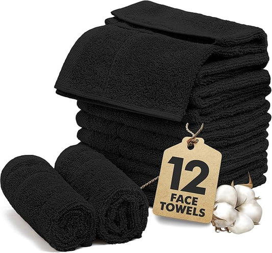 Face Towels Pack of 12 – 100% Cotton Wash Cloths (12x12 inch) – Soft, Quick Dry & Highly Absorbent Hand Towels for Bathroom, Spa, Gym, Kitchen and for Daily Use - (Black)
