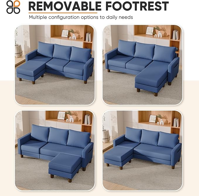 JUMMICO L Shape Sectional Sofa Couch, 3 Seat Convertible Sofa with Movable Ottoman and Side Storage Pockage, Modern Sofa Small Couches for Living Room & Apartment and Small Space (Linen, Blue)