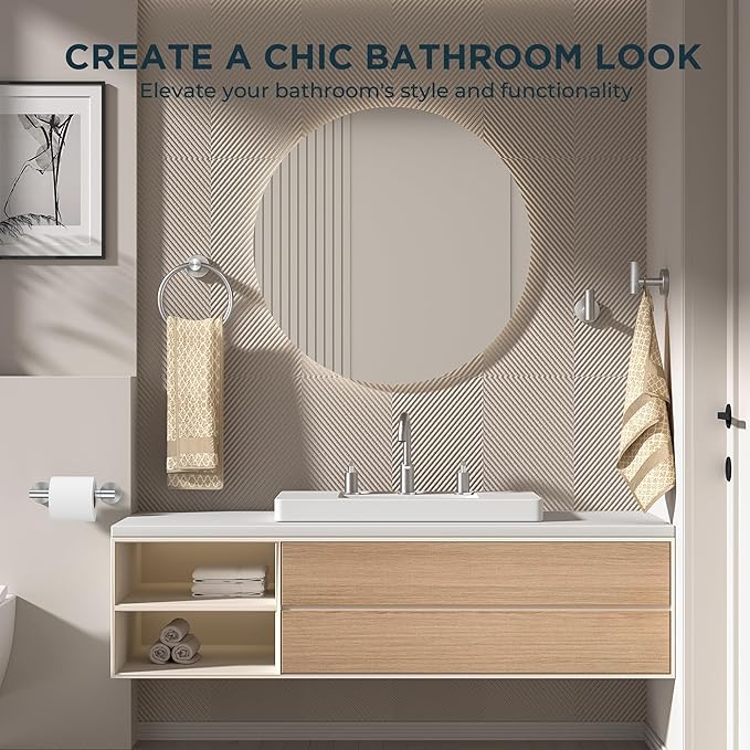 FORIOUS 4 Piece Bathroom Accessories, SUS304 Stainless Steel Toilet Paper Holder, Towel Ring and 2 Towel Hooks, Wall Mounted Bathroom Hardware Set (Brushed Nickel,Double Post Pivoting)