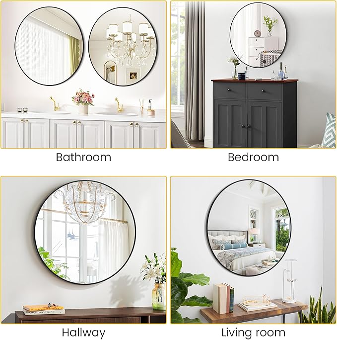 24 in Round Mirror for Wall, Black Metal Frame Circle Mirror, Round Bathroom Mirror for Wall Decor, Mirror for Entryway, Vanity, Bedroom, Easy to Install