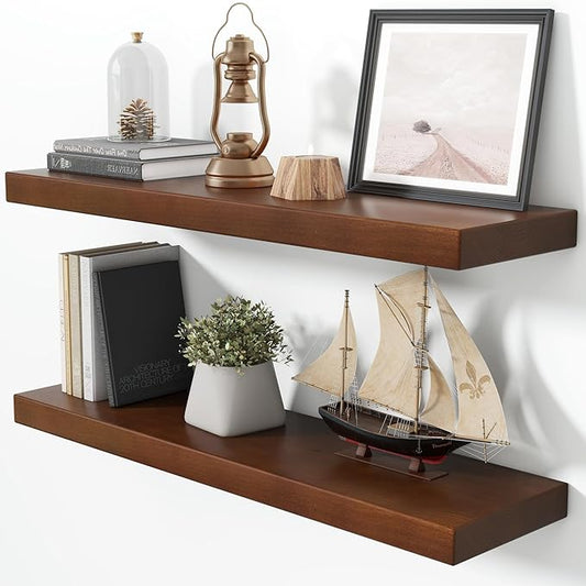 Floating Shelves for Wall, 36"Wx9.3"D USA-Sourced Douglas-Fir Solid Wood Rustic Wall Shelves with Heavy Duty Invisible Bracket, Nursery Book Storage Display Shelf for Bathroom, Set of 2, Walunt Finish