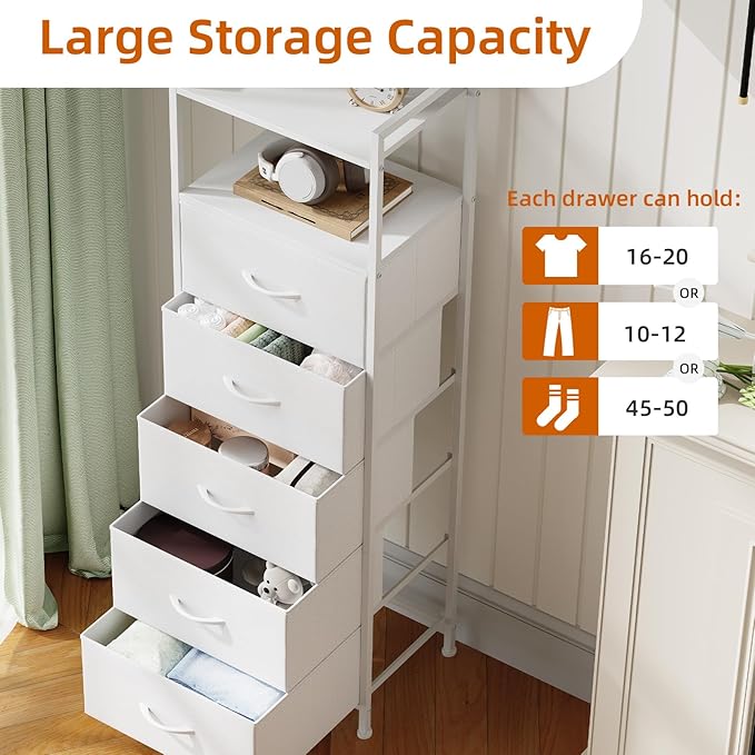 Somdot White Tall Night Stand for Bedroom,Tall 5 Drawers Dresser, Vertical Storage Tower Unit, Nightstand Furniture with Fabric Drawer Organizer in Bedside Kids Dorm Room Closet Laundry Entryway
