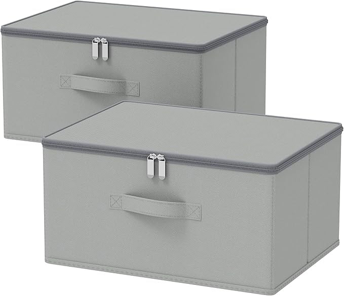 Storage Bins with Lid, Cube Organizer Basket, Closet Boxes with Carrying Handles and Sturdy PP Support Plate, 2 Pack, Grey, 15.7 x 11.8 x 7.9 In, XSNY16GL-2