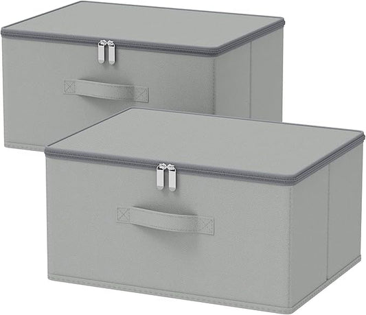 Storage Bins with Lid, Cube Organizer Basket, Closet Boxes with Carrying Handles and Sturdy PP Support Plate, 2 Pack, Grey, 15.7 x 11.8 x 7.9 In, XSNY16GL-2
