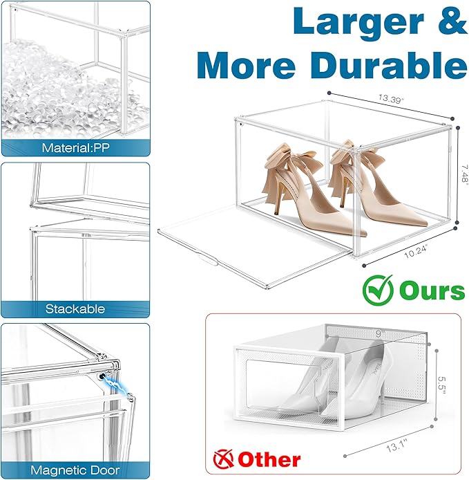 12 Pack Clear Shoe Boxes for Sneakers, Size 12 Acrylic Shoe Storage Under Bed Stackable Handbag Organizer with Magnetic Lid Collection Acrylic Display Case
