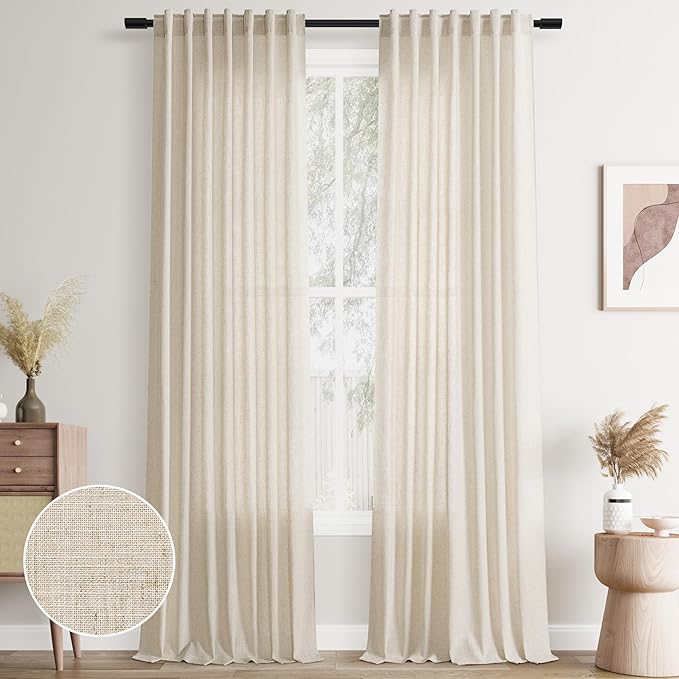 Joywell Beige Linen Back Tab Rod Pocket Linen Curtains 108 Inches Long 2 Panels for Living Room Bedroom Neutral Boho Farmhouse Rustic Light Filtering Semi Sheer Curtains Window Treatment 52x108
