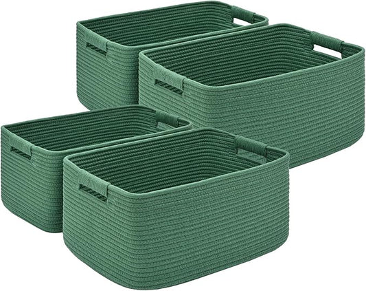 4 Pack Large Storage Basket for Organizing, 17.5"x13"x7" Woven Basket for Shelves, Closet Cube Storage Bins with Wrapped Handle, Cotton Rope Baskets for Kitchen, Clothes, Toys(Green)