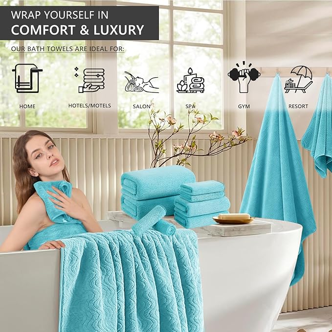 8 Piece Bath Towel Set — 2 Oversized Large Bath Sheet,2 Hand Towels,4 Washcloths — Ultra Soft Cozy Bath Towel Set for Bathroom Hotel Gym Spa,Highly Absorbent & Quick Dry Bathroom Towel Collections,Teal