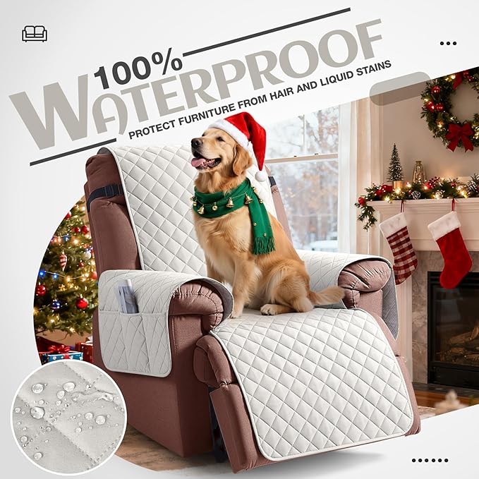 KinCam 100% Waterproof Recliner Chair Cover, Reclining Couch Covers for Pets, Dogs, Recliner Couch Slipcover Furniture Protector with Elastic Straps for Kids(25", Beige White)