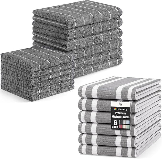 Homaxy Microfiber Kitchen Towels and Dishcloths Set, 12 Pack, 28 x 16 Inch & 12 x 12 Inch Quick Drying Rags for Washing Dishes and Premium Kitchen Towels 18”x 28”, 6 Pack, Grey