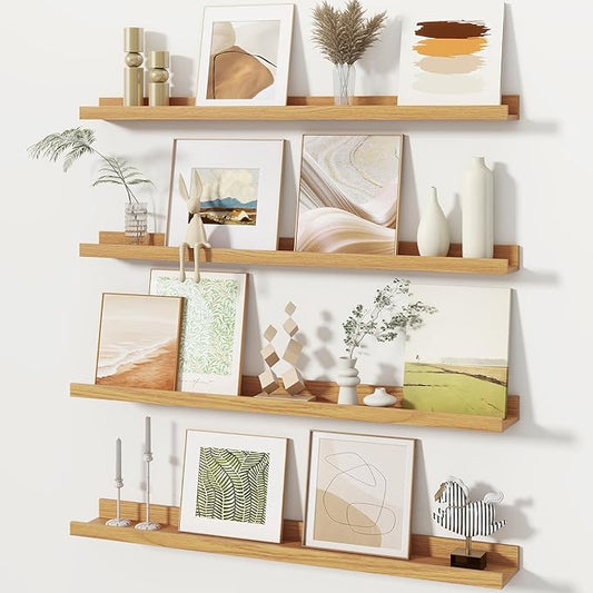 Fun Memories Picture Ledge Shelves Set of 4, 32 Inch Rustic Wall Mounted Floating Shelves with Lip for Home Storage and Décor in Bathroom, Kitchen, Nursery, Bedroom, Living Room, Oak