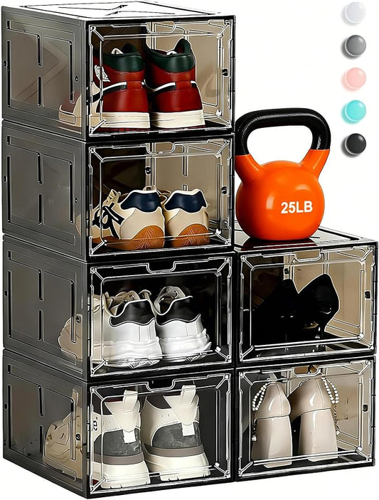 6 Pack Large Drop-Front Black Transparent Shoe Boxes, Stackable Sneaker Storage Container for Closet, Fits US Size 13+, Magnetic Front Door, Heavy-Duty Reinforced Plastic Shoe Organizer