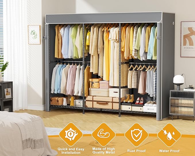 E14C Pro Heavy Duty Closet Organizer System，Freestanding Clothing Racks for Hanging Clothes，Adjustable Garment Rack 70.1"W × 16.6"D × 76.4"H Hold 960 lbs，Black Rack with Grey Dustproof Cover