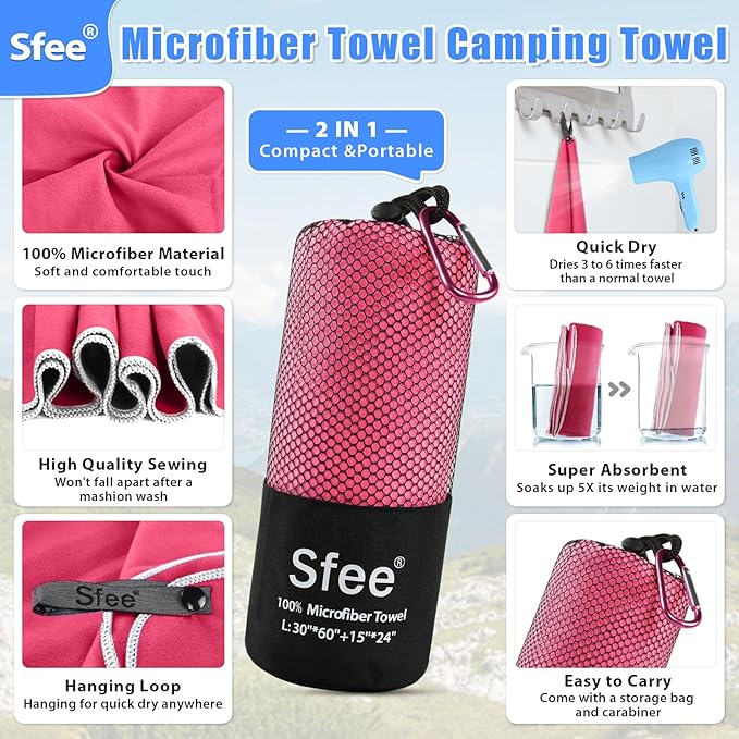 2 Pack Microfiber Travel Towel, Quick Dry Towel Camping Towel Large Beach Towel Super Absorbent Compact Lightweight Sports Gym Towels for Gym, Hiking, Pool, Backpacking, Bath, Yoga