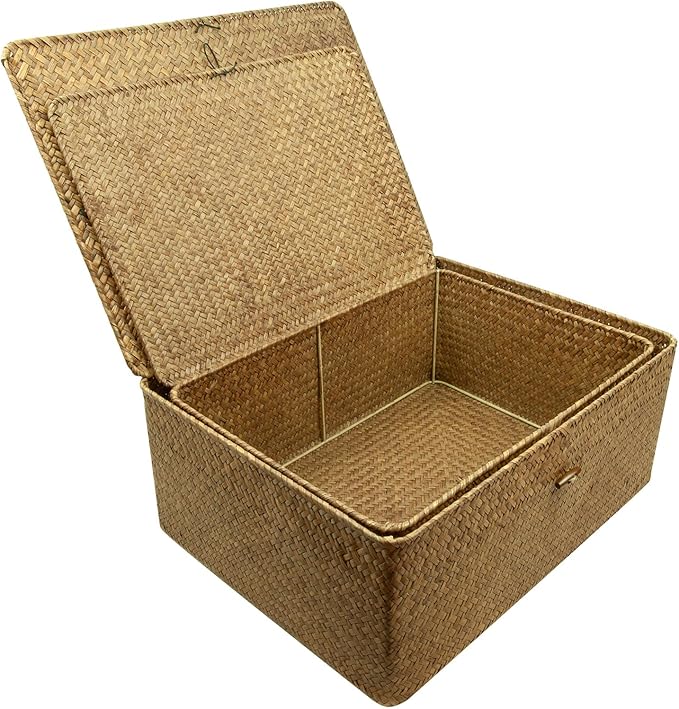 Shelf Storage Baskets with Lid, 2-Pack Wicker Storage Basket, Woven Seagrass Decorative Boxes, Coffee XXLarge+XXL