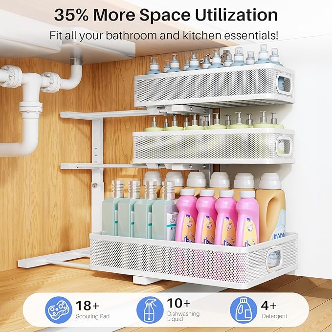 HERJOY Under Sink Organizer, 1-Pack 3-Tier Height Adjustable Thickened Metal Pull out Cabinet Organizer Shelf, Slide out Storage Drawer Rack for Bathroom Kitchen Pantry Home Laundry Organization