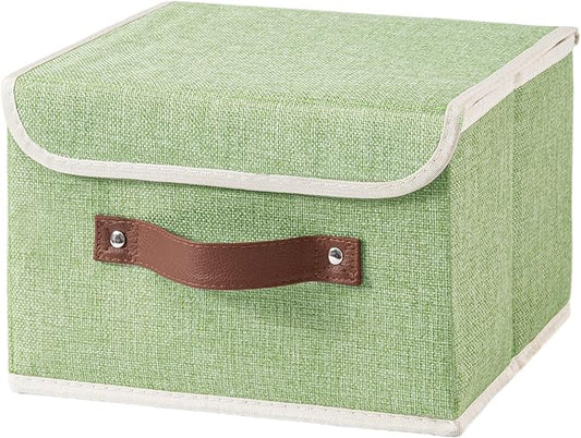 Collapsible Storage Boxes Baskets with Lid Cotton Linen Fabric Storage Bins with Faux Leather Handles Decorative Washable Cube Organizer Container for Home Closet Bedroom (Green, Small Size)