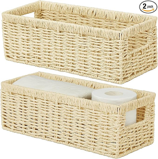 Vagusicc Wicker Storage Basket, Paper Rope Wicker Baskets with Handles, Toilet Paper Basket for Toilet Tank Top, Small Wicke Baskets for Organizing Shelves, 2-Pack, Begie